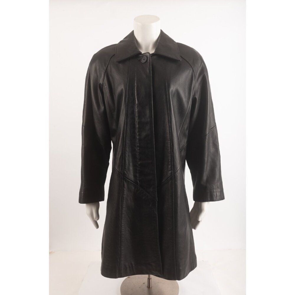 IzzI Izzi Womens Leather Jacket Coat Mid Length Black S Small button front EUC